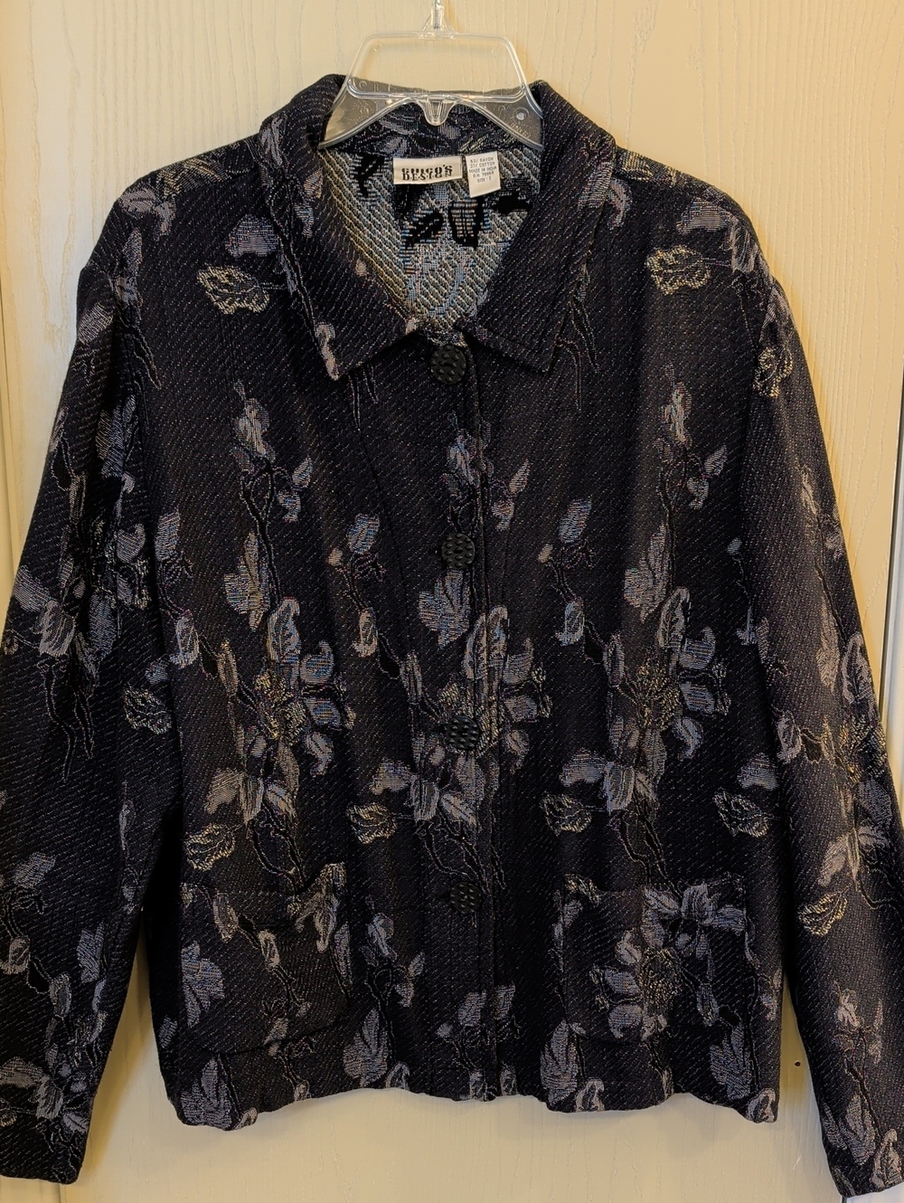 Chico's Black Floral Jacquard Jacket Size XL Button Front Rayon Cotton Blazer